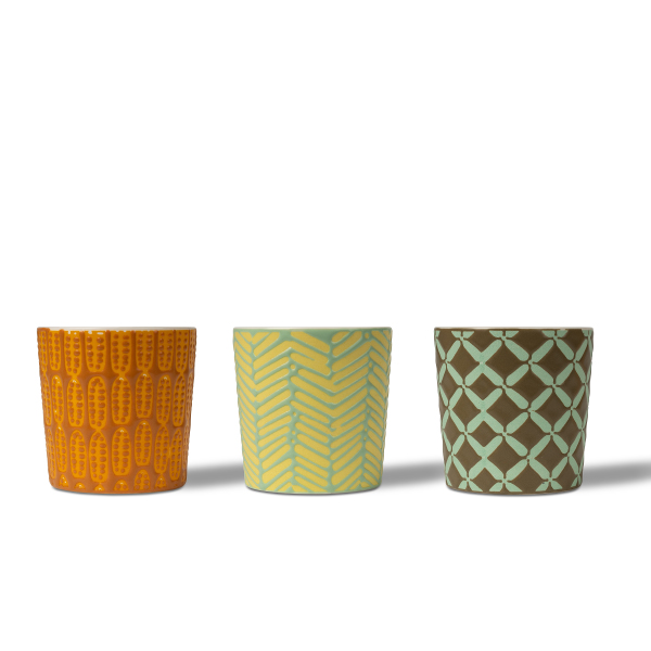 Pemegang lilin keramik relief geometris telung warna: Ayo lilin lan seni madhangi ruang tamu sampeyan