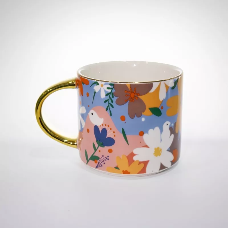 Mug Keramik Bunga Sregep karo Trim Emas